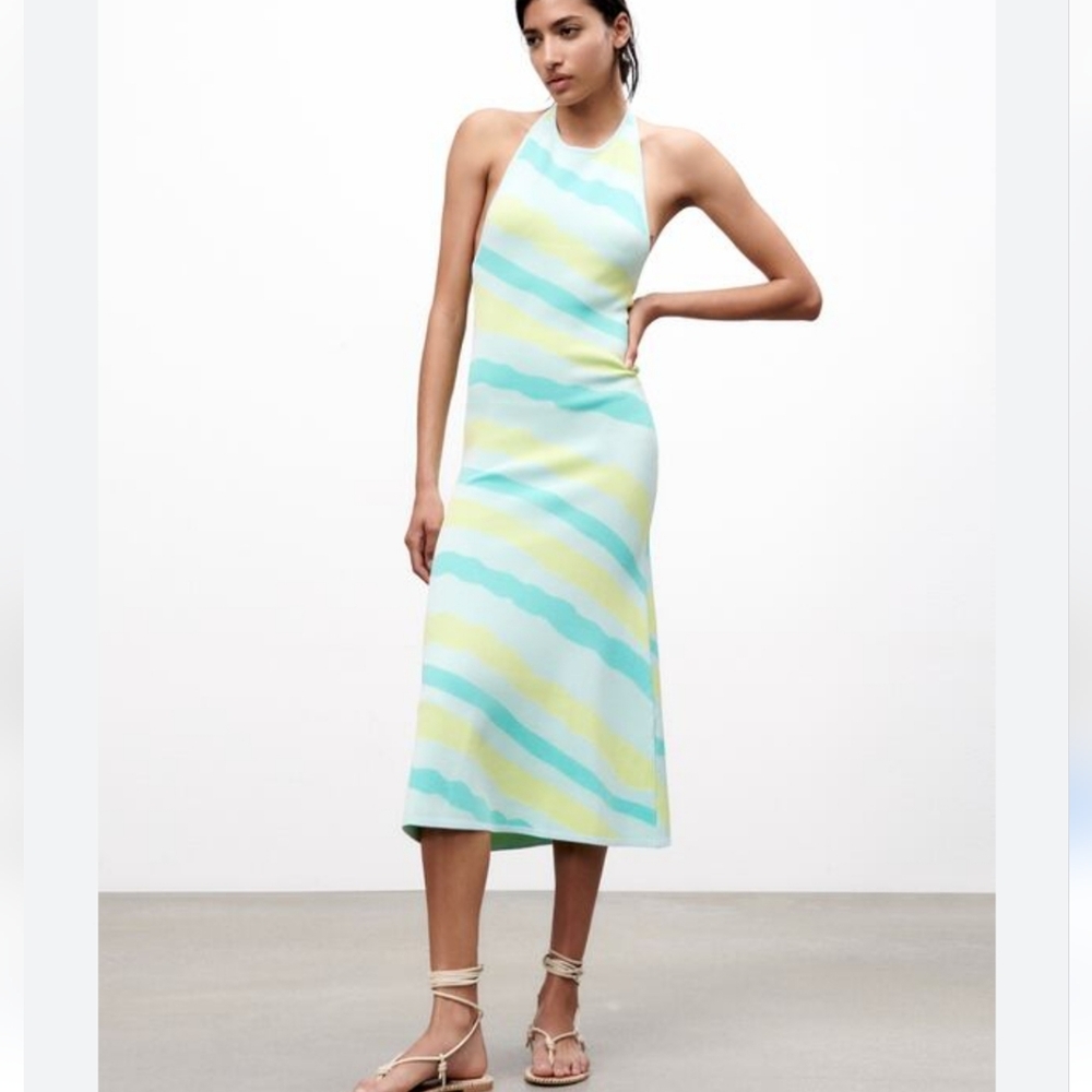 Zara Jacquard Knit Halter Open Back Midi Dress Green Tourquoise Yellow Bodycon S